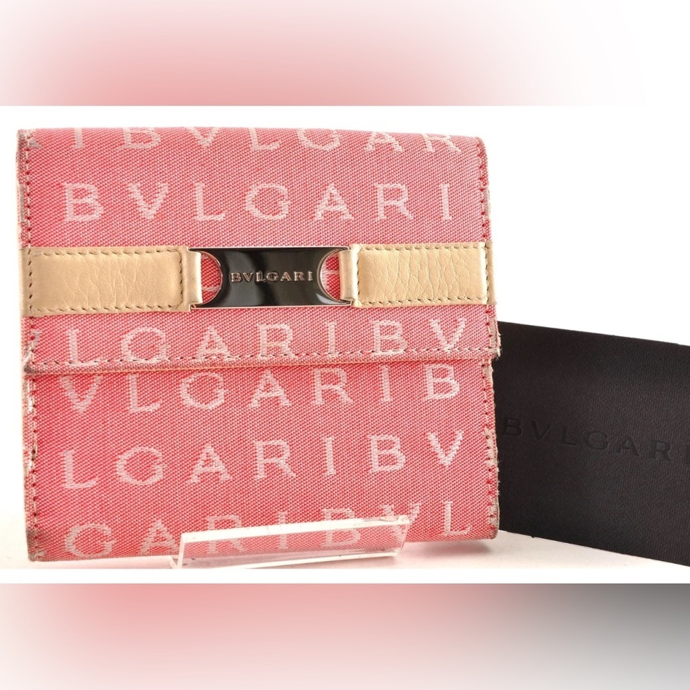 BVLGARI Bi-Fold Wallet Canvas Leather Pink Ivory Women Used Auth